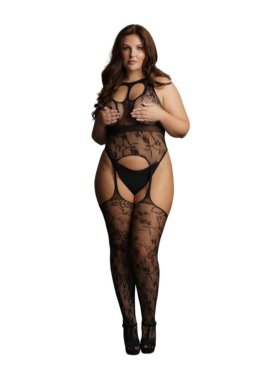 Le Desir Lace Suspender Bodystocking with Round Neck
