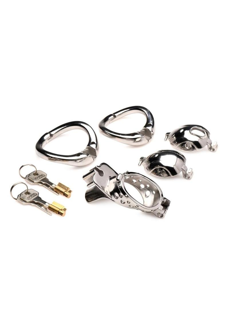 MASTER SERIES Entrapment Deluxe Locking Chastity Cage for Men, and Couples.  Stainles Steel Cage with 4 Different Components Perfect for Chastity Play.